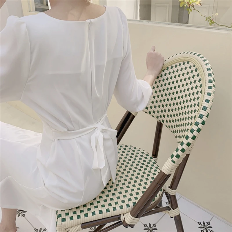 Aikštėje Apykaklės Kietas Šifono Suknelė Midi Vasaros Baltos spalvos Elegantiška Biuro korėjos Mėlyna Linija Skraiste Femme Vestiti Donna Sukienki Drabužiai