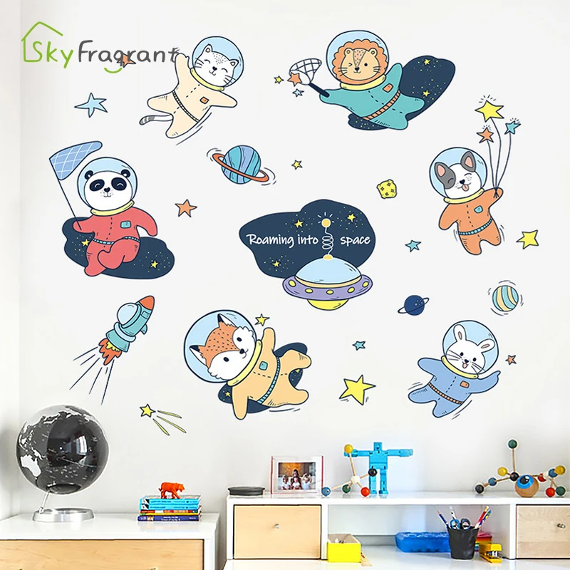 Animacinių filmų kosmosą astronautas lipdukai, lipnios sienų lipduko vaikų kambario dekoracija miegamojo sienų dekoras mielas gyvūnų, namų dekoro