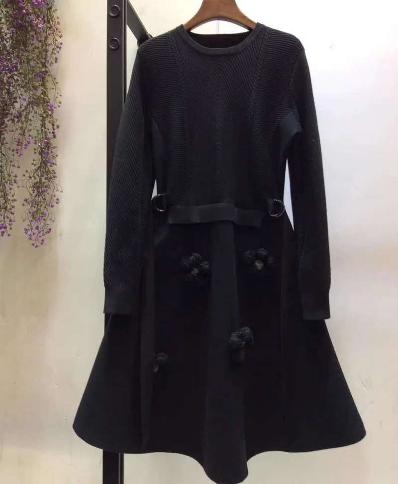 Aukščiausios Kokybės Naujų 2020 m. Rudens Žiemos Megzti Suknelę Moterų Vilnos Kratinys Appliques Gėlių Deco ilgomis Rankovėmis Atsitiktinis Megztinis Suknelė XL