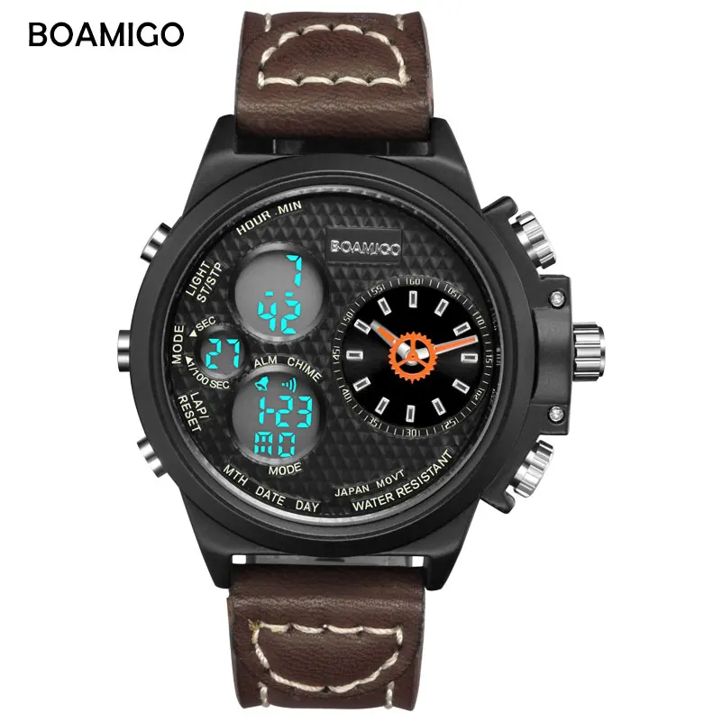 BOAMIGO prekės ženklo vyrai kvarciniai laikrodžiai mada sporto rudos odos laikrodžiai skaitmeniniai atsparus vandeniui dovana laikrodžius relogio masculino