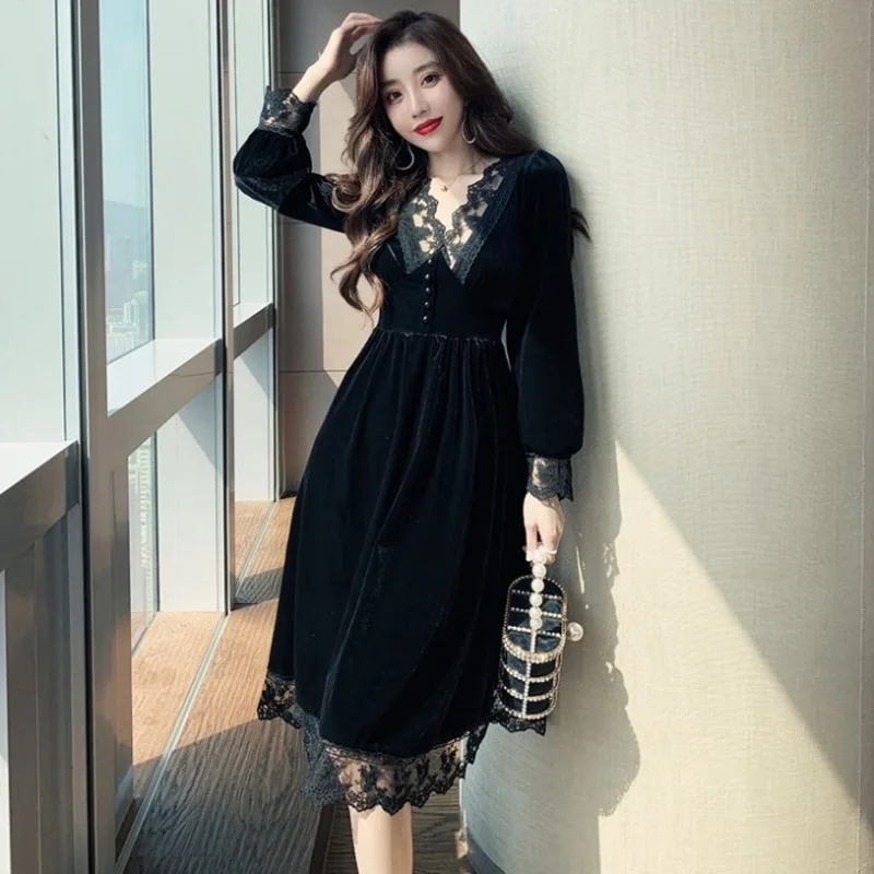 Balck Vintage Suknelė Moterims Ilgomis Rankovėmis Midi Elegantiškas Šalis Suknelė Aksominė Moterų Aukšto Juosmens Korėjos Drabužių Rudens 2020 Goth Suknelė