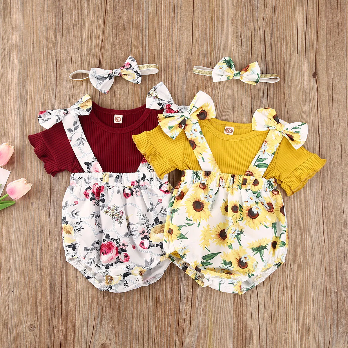 Bamblys Vaikams Baby Girl Viršūnės T marškinėliai+ Šortai, Kombinezonai su Antkrūtiniais Gėlių Komplektus Drabužių