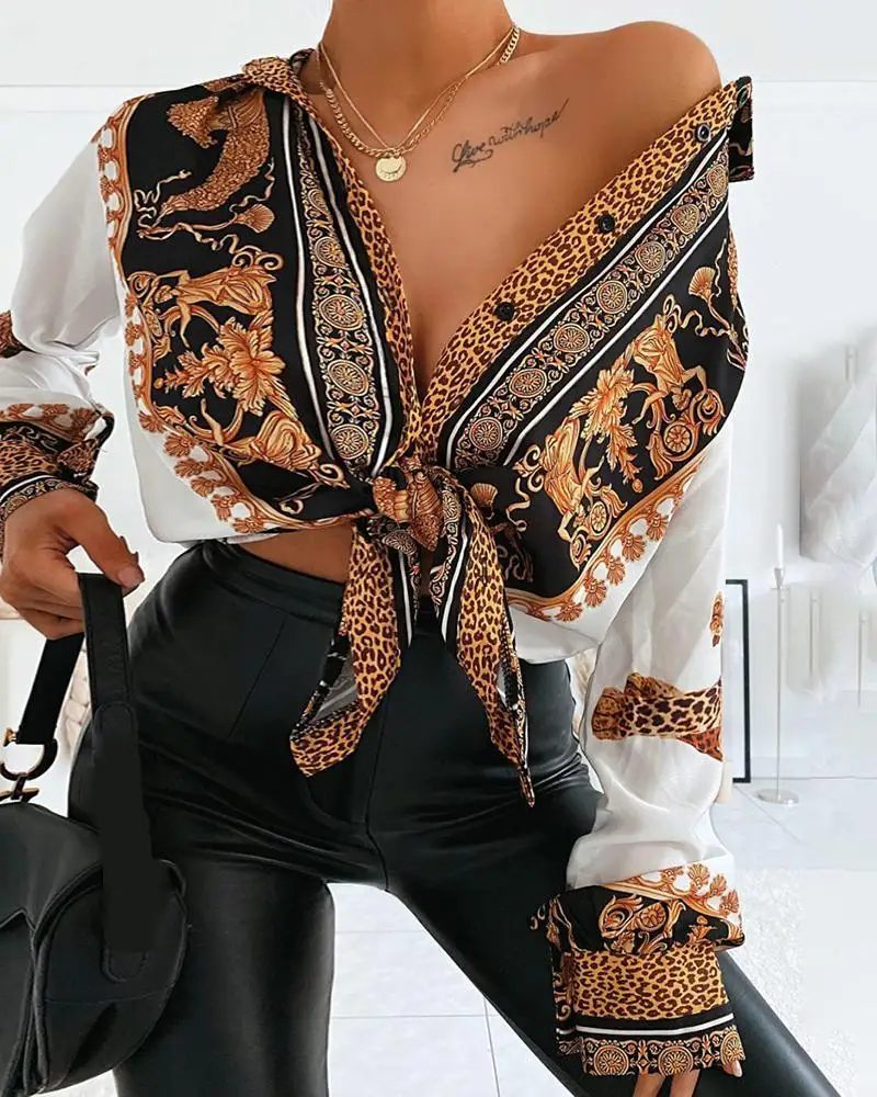 Baroko Leopardas Spausdinti Atsitiktinis Marškinėliai Moterims Turn-žemyn Apykaklės Atsitiktinis ilgomis Rankovėmis Palaidinė Viršūnes Streetwear