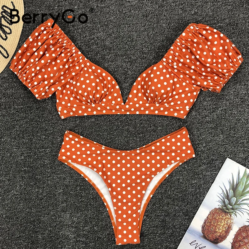 BerryGo Polka dot spausdinti bikini nustatyti 2020 m. maudymosi kostiumėliai moterims, Aukštos sumažinti vasaros besimaudančių V-kaklo maudymosi kostiumėlį moteris biquini Seksualus maudymosi kostiumas