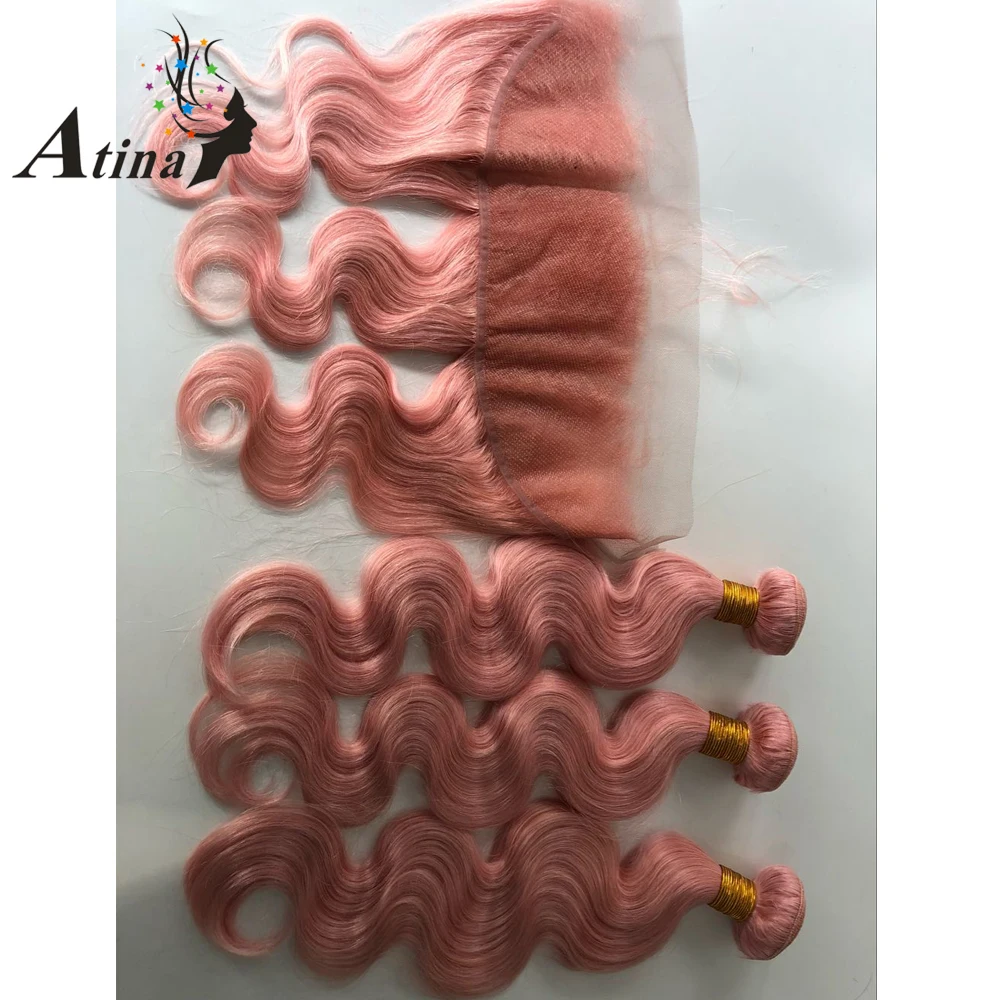Brazilijos Kūno Bangos Plaukai Ryšulius su Nėrinių Priekinės Rožinė 13x4 ausies iki Ausies Nėrinių Uždarymas su Kūdikių Plaukus Remy Žmogaus Plaukų Pynimas Pluoštas