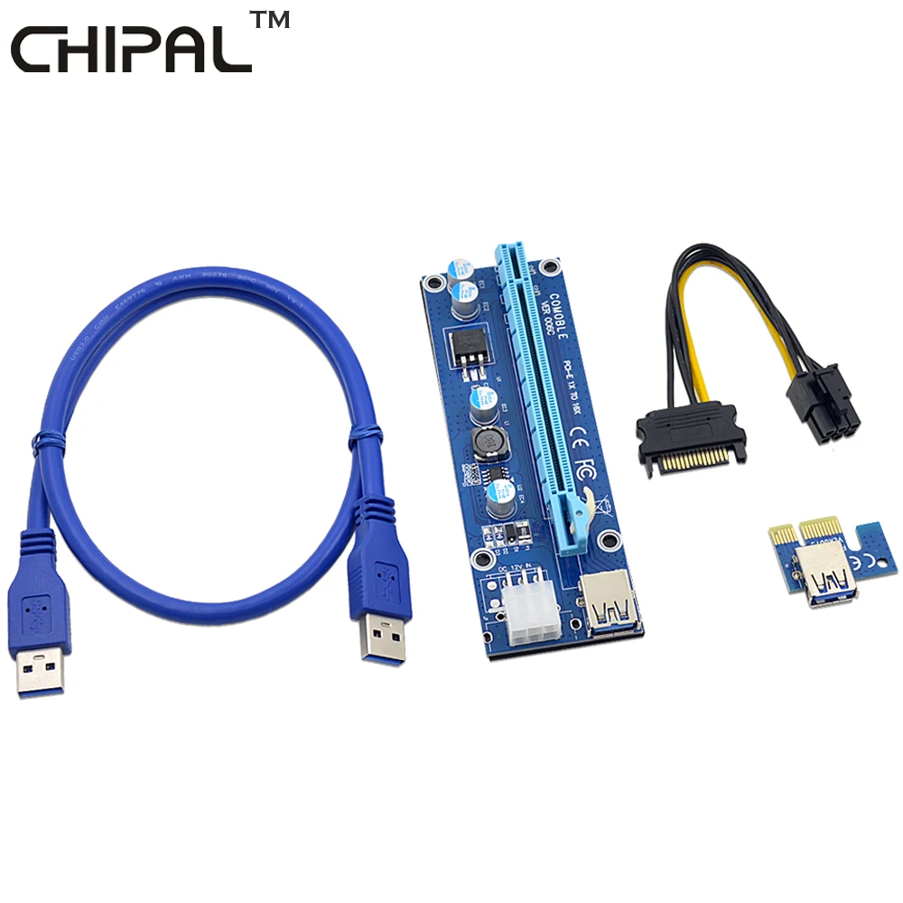 CHIPAL 10vnt VER006C 0,6 M, PCI-E Riser Card PCI Express 1X PCIE į 16X Extender USB 3.0 Kabelį 6Pin Maitinimo Bitcoin Mining
