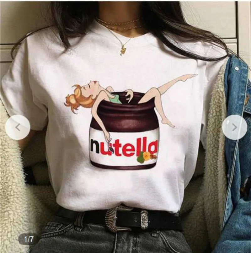Camiseta de Nutella con estampado de mantequilla de cacahuete, camiseta femenina con gráfico de dibujos animados Harajuku, naras