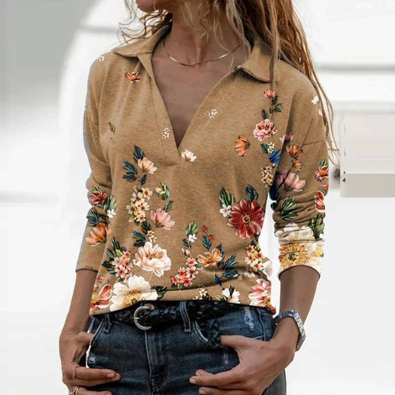 Elegantiška Vintage Spausdinti Palaidinė Marškinėliai Moterims Pavasario Rudens Turn-Žemyn Apykaklės Ilgomis Rankovėmis Megztinis Viršūnes Atsitiktinis Palaidų Plius Dydžio Marškinėliai