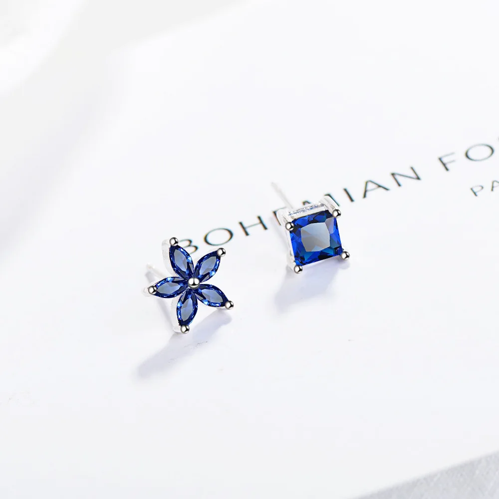 Elegantiškas Asimetriškas Mėlyna Kubinis Cirkonis Gėlių 925 Sterlingas Sidabro Ponios'Stud Auskarai Didmeninė Papuošalai Moterims, Moteriška Mergina