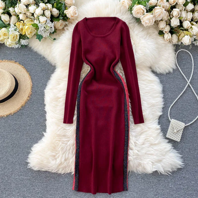 Elegantiškas Moterų Megzti Megztinis Suknelė 2020 Nauja Rudens Žiemos Dviejų Šoninių Pamušalu, Raudonos Atsitiktinis Suknelė Ponios Office Suknelė Vestidos