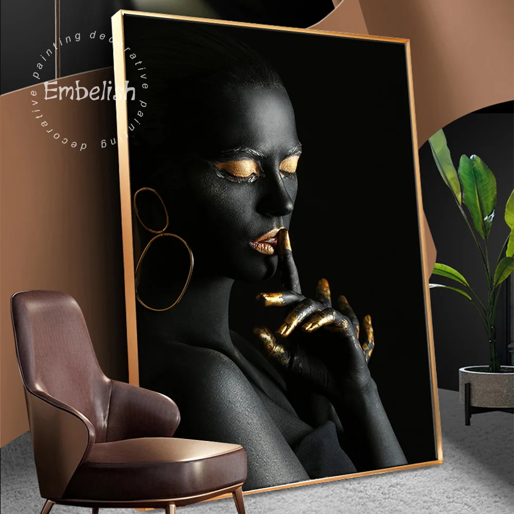 Embelish Juoda Kūrinius Afrikos Nuogas Moteris Su Aukso Dažai Namų Dekoro Cuadros Sienos Plakatus HD Drobės Kambarį Paveikslai