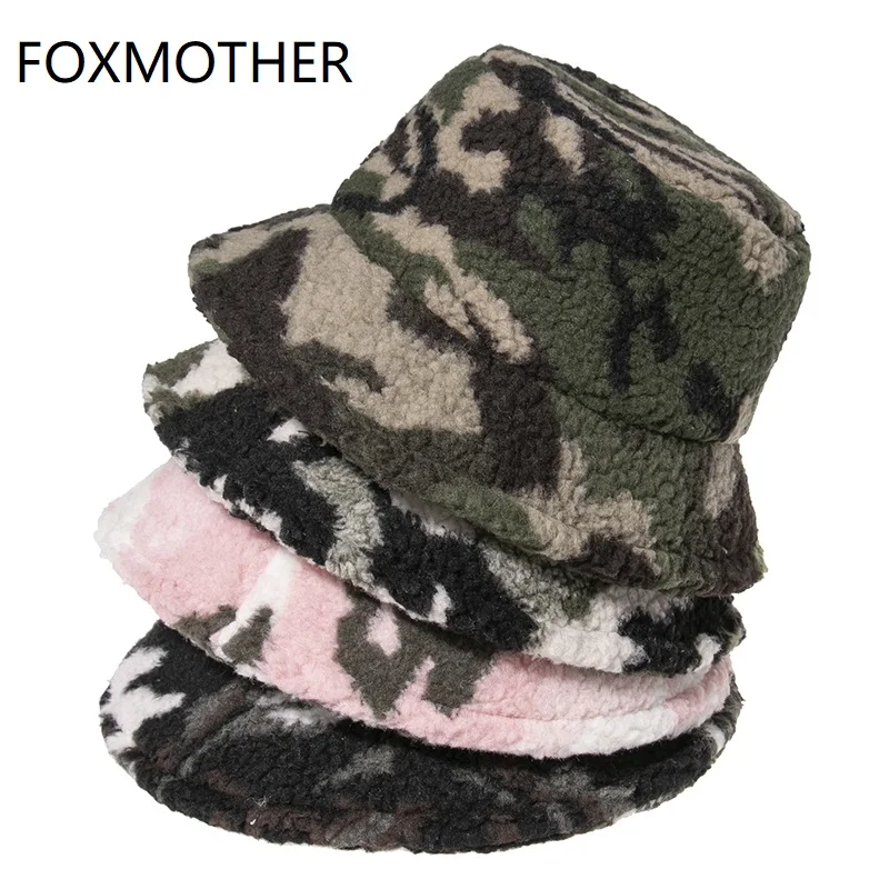 FOXMOTHER Naujas Mados Camo Šiltos Kepurės Vilnos Dirbtiniais Kailiais Žiemos Kibiro Kepurę Moterims Kamufliažas Žvejys Skrybėlės Kepurė Panama Panele