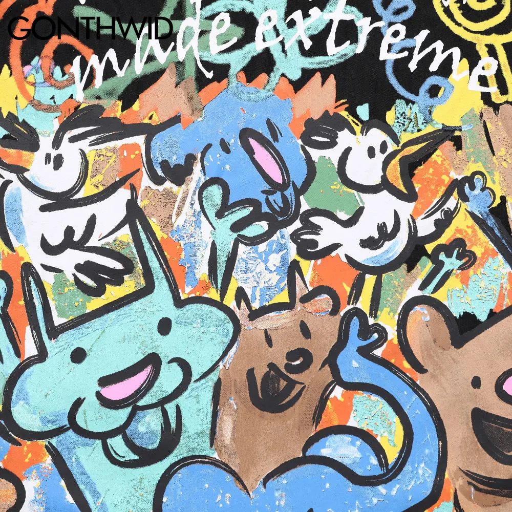 GONTHWID Hip-Hop Tee Marškinėliai Streetwear Grafiti Animacinių filmų Gyvūnų Šuo, Meška, Dramblys Tshirts Harajuku Atsitiktinis Medvilnės ilgomis Rankovėmis Viršūnes