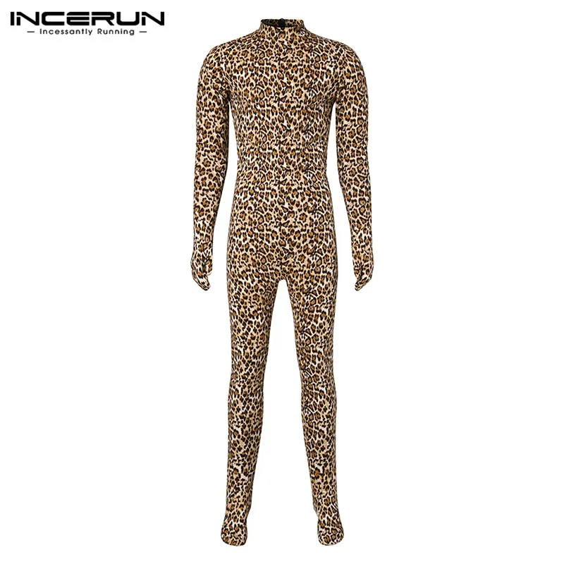 INCERUN Vyrų Pižama Jumpsuit Leopardas Spausdinti ilgomis Rankovėmis Fitneso Atsitiktinis Rompers naktiniai drabužiai Užtrauktukas Homewear Sleepwear Vyrų darbo drabužiai