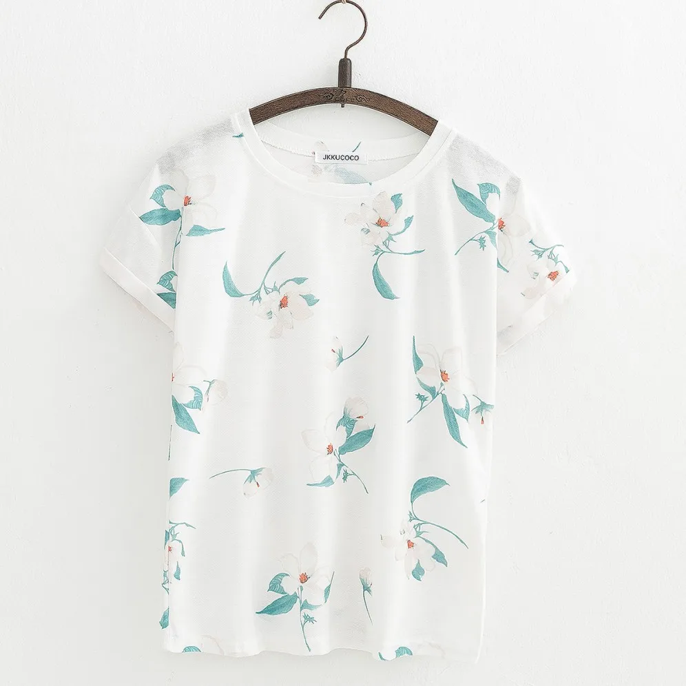 JKKUCOCO Naujo Stiliaus Gėlių spausdinti marškinėliai Medvilniniai marškinėliai Moterims Topai Trumpas Rankovės marškinėliai Atsitiktinis Vasaros Trišakiai, Karšto Viršūnes 27 Modelio