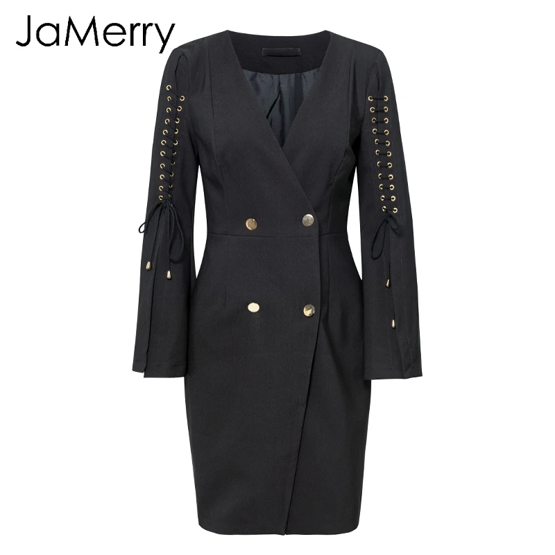 JaMerry OLIS Sexy V kaklo nėriniai juoda suknelė, švarkas moterims, Elegantiškas padalinta trumpa mini suknelė Office lady švarkas suknelės, elegantiškos vestidos