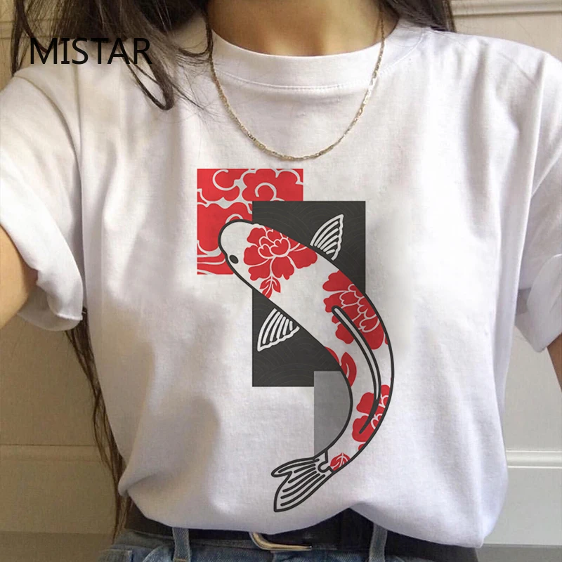 Japonija Koi Žuvų Spausdinti Mados Marškinėliai Moterims, O-kaklo trumpomis Rankovėmis Atsitiktinis Baltos Viršūnės Marškinėlius Naujas Vasaros Estetinės T-shirt Moteris