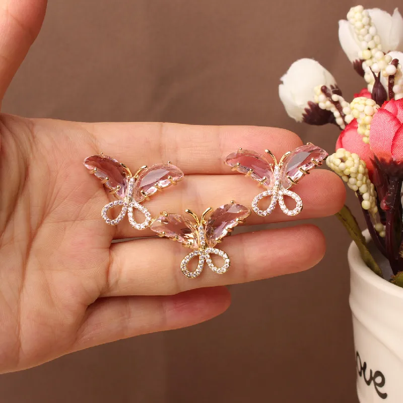 Japonija Korėja naujo dizaino bižuterijos išskirtinį nustatyti vario inkrustacijos cirkonis crystal butterfly auskarai atidarymo moterų prom žiedas