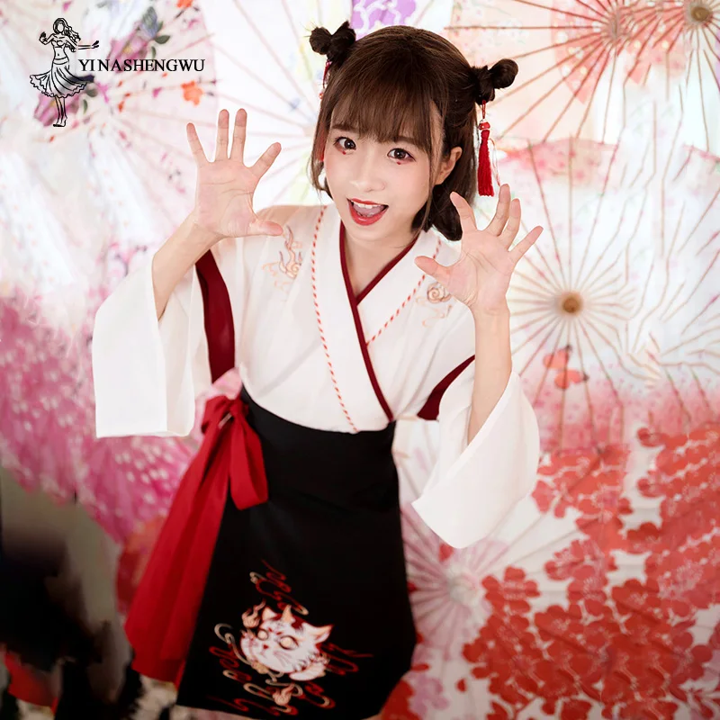 Japonijos Suknelė Kimono Moteris Juoda Balta Katė Siuvinėjimo Sijonai Senovinių Azijos Drabužių Yukata Haori Cosplay Šalis 2 Gabalus Rinkiniai