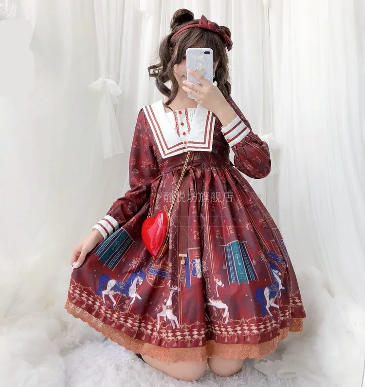 Japonų Stiliaus Mergina ilgomis rankovėmis Lolita Dress sailor apykaklės Kawaii Rudens Karuselė Spausdinti Kambarinės Kostiumas suknelė bet kokio dydžio