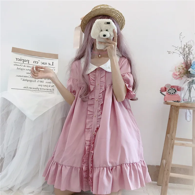 Kawaii Japanese Lolita suknelė moterims vasaros minkštas sesuo mielas išsiuvinėti lėlės apykaklės prarasti trumparankoviai susiėmę suknelė mielas