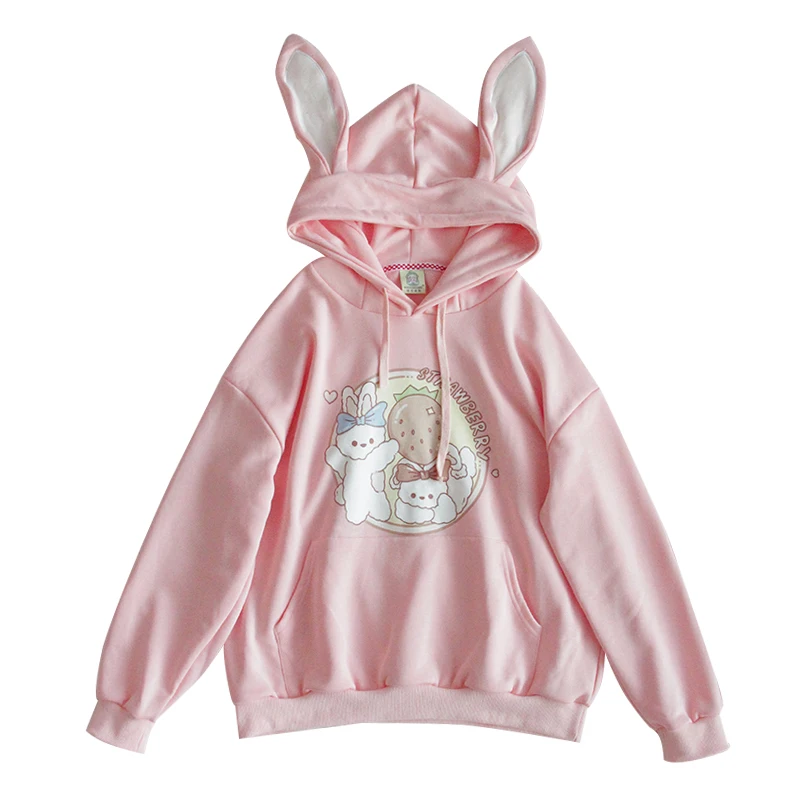Kawaii Pink Bunny Hoodie Moterų Harajuku Mielas Lokys Ausis Grafinis Palaidinukė Paauglių Mergina Ilgomis Rankovėmis Estetinės Derliaus Anime Megztinis