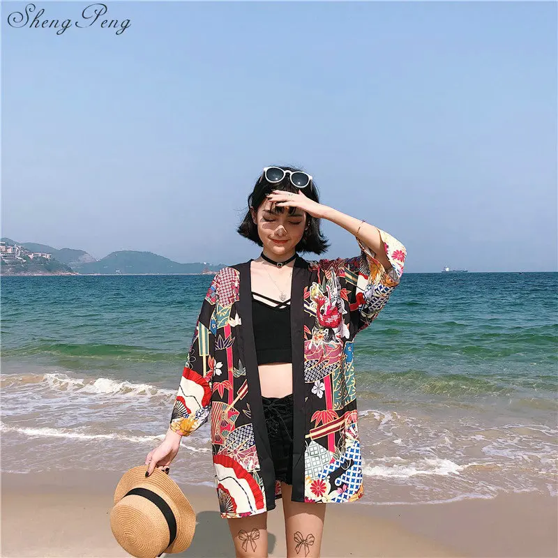 Kimonos moteris 2021 Japonų kimono megztinis cosplay marškinėliai palaidinė moterims Japonijos yukata moterų vasaros paplūdimio kimono V1400