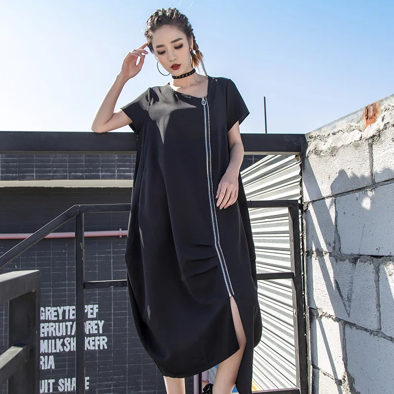 Korėjos 2020 Naują Pavasario vientisos Spalvos O-kaklo trumpomis Rankovėmis su Užtrauktuku Vidutinio ilgio Suknelė Vintage Prarasti Atsitiktinis Vidutinio ilgio Suknelė Banga Y108