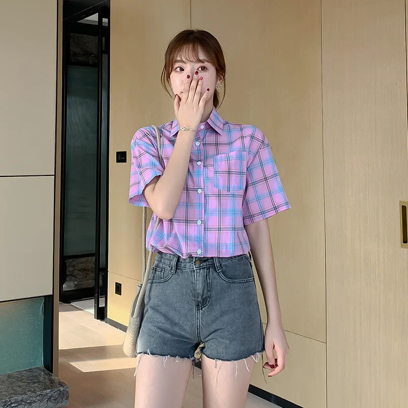 Korėjos Mados Vasaros Moterų Pledas Marškiniai Trumpomis Rankovėmis Marškinėliai Moterims Streetwear Slim Violetinė Palaidinė Elegantiškas Biuras Ponios Viršūnės