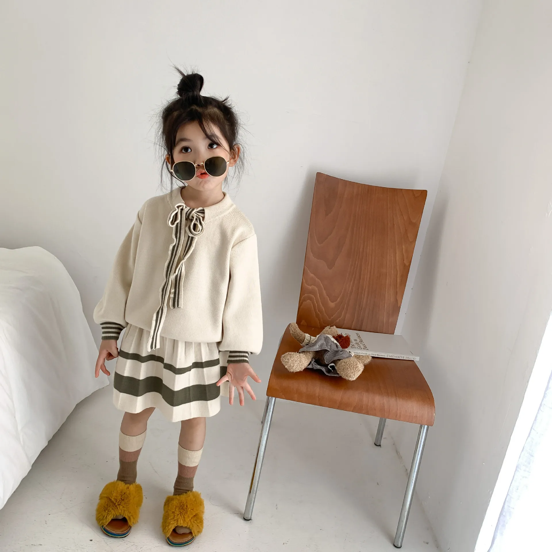 Korėjos Mergaičių Koledžas Stiliaus Megztiniai Megztinis Nustatyti Kūdikio Baby Girl Apvalios Kaklo Marškinėliai, Klostuotas Sijonas Dviejų Dalių Rinkinys Drabužiai Vaikams Mergaitėms