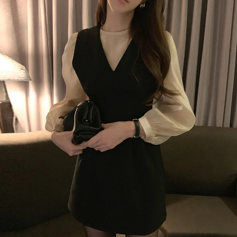 Korėjos Moterys Dviejų dalių Suknelė Nustatyti ilgomis Rankovėmis Palaidinės ir Derliaus Bakas V-kaklo Mini Suknelė Ponios Tarnyba 2 dalių Komplektas Elegantiškas Kostiumas