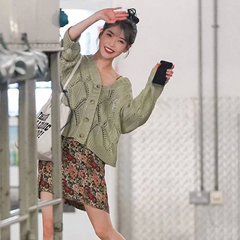 Kpop IU Lee Ji Eun pačios saldus žalios tuščiaviduriai cardigan megztiniai megztiniai kailis + temperamentas camisole mini suknelė moterų nauja dviejų dalių komplektas