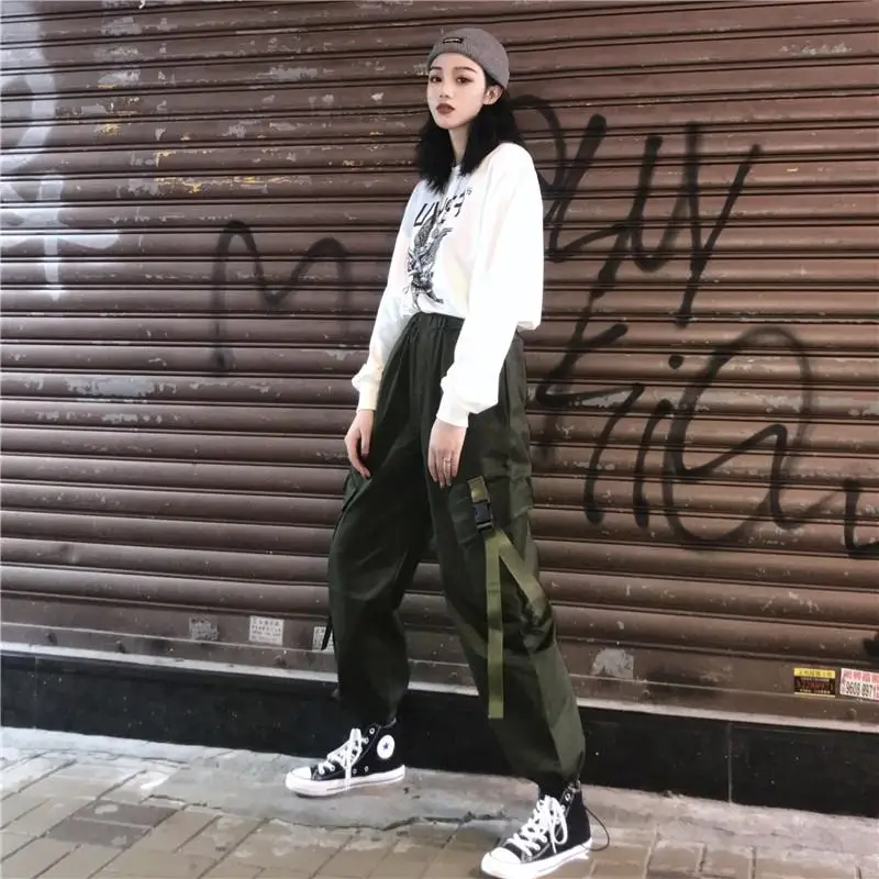 Krovinių Kelnės Moterų Plius Dydis Sweatpants Prarasti Korėjos Mados Visas Ilgis Gatvės Stiliaus Moteriški Laisvalaikio Kelnės Hip-Hop Juoda Elegancija