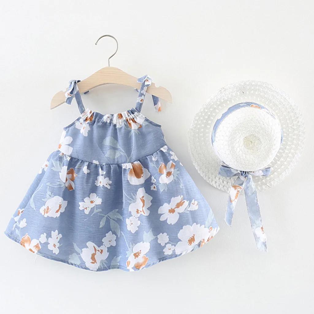Kūdikių Mergaičių Rankovių Gėlių Gėlių Spausdinti Princesė Dress+hat Bžūp Komplektus Vasaros Mados Vaikų Suknelė