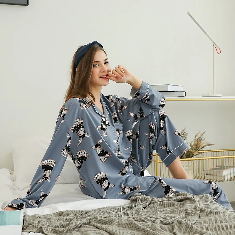 L-4XL Pižama Nustatyti Mielas Triušis Modelis Moterų Sleepwear Medvilnės Homewear Animacinių filmų Pižama Ilgas Kelnes Plius Dydis Moterų Dėvėti Miegamojo