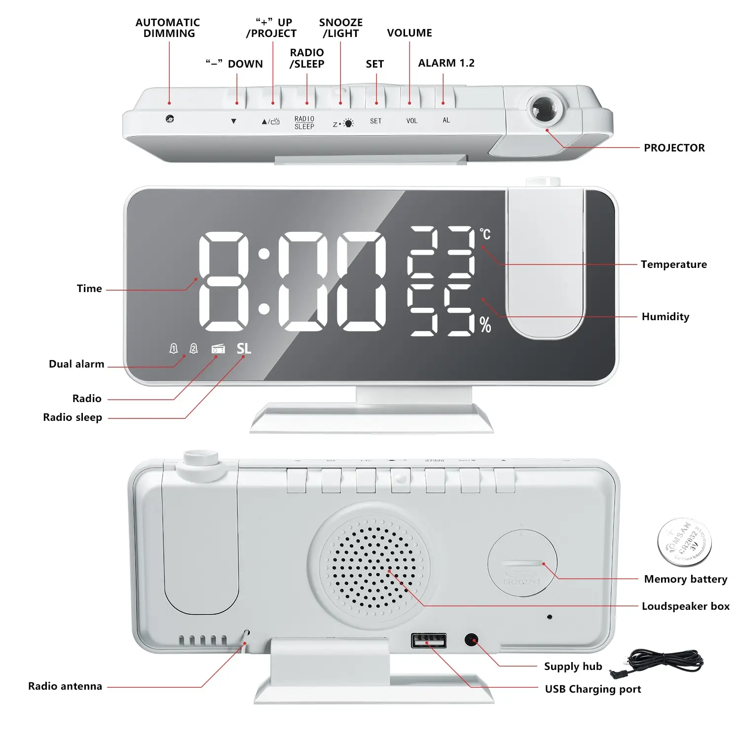 LED Skaitmeninis Laikrodis-Žadintuvas Žiūrėti Lentelėje Elektroninių Darbalaukio Laikrodžius, USB Pabusti FM Radijas Laiko Projektorius Atidėjimo Funkcija, 2 Signalizacijos 2#