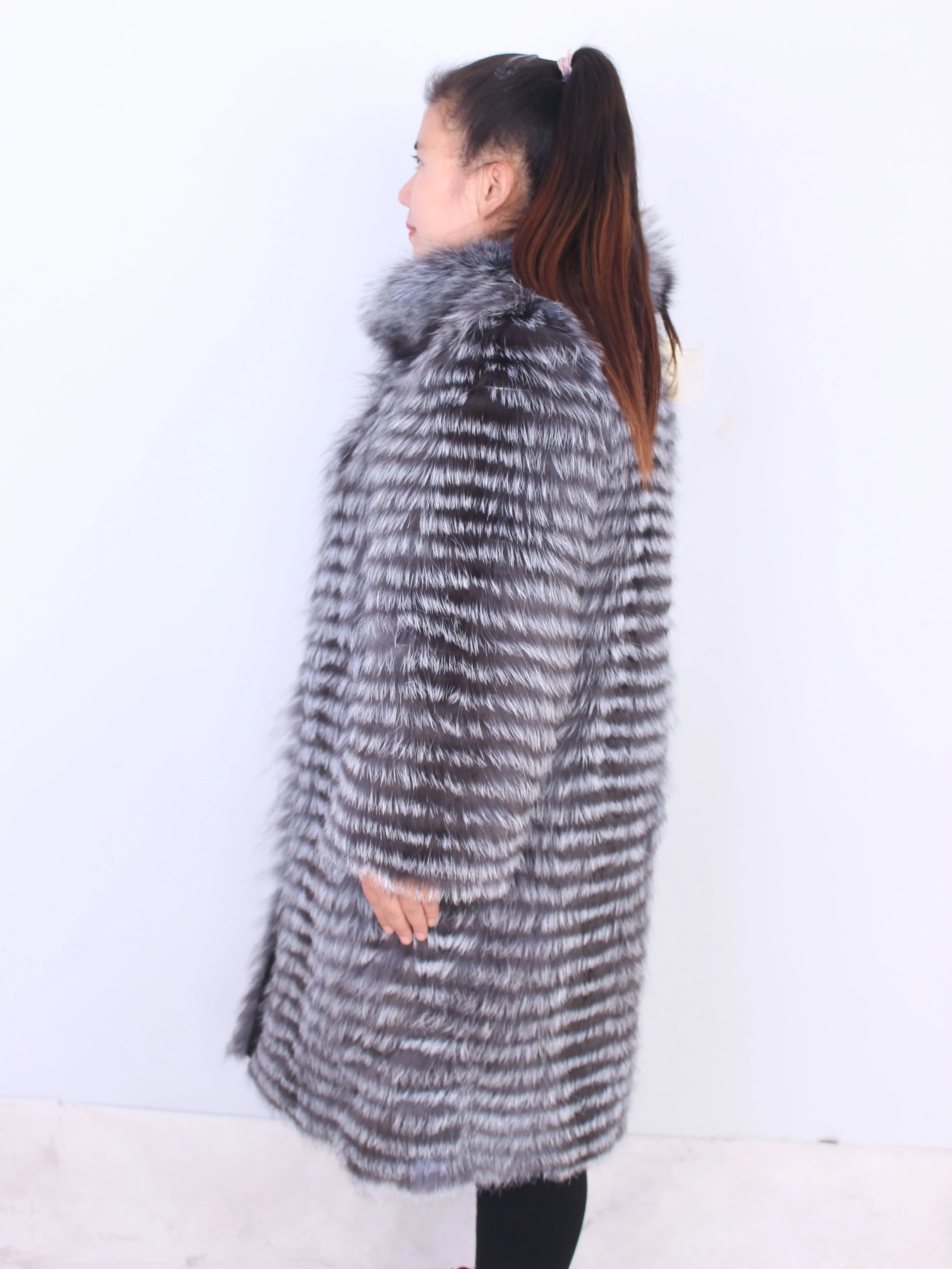 Linhaoshengyue nekilnojamojo Silver fox fur coat ilgis 100CM su Nuolatinio apykaklės