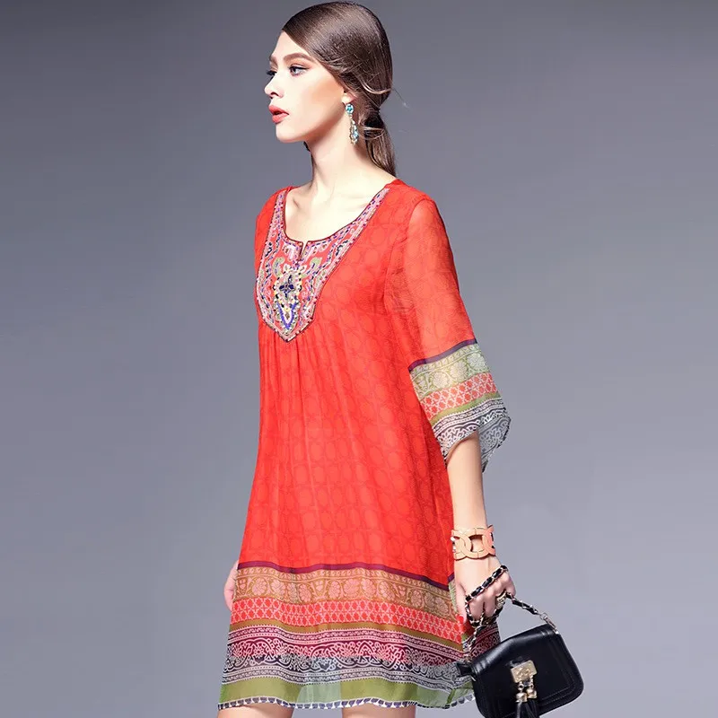 M - 3XL Aukštos Kokybės Boho Stiliaus Populiarus Moterų Pusė Rankovės Duobute Šilko Šifono Suknelė 2020 Naujus Laisvus Vasaros Paplūdimio Sundress