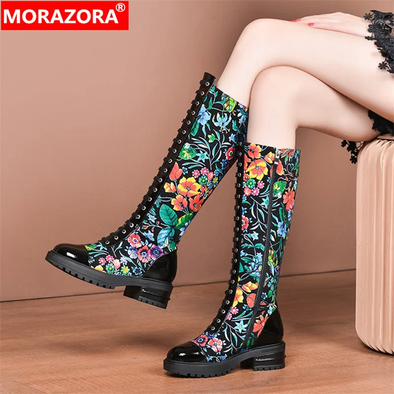 MORAZORA 2020 m. žiemą laikyti šiltai kelio ilgi batai med kulniukai, suapvalinti tne batai moteris mados gėlės natūralios odos moterų batai