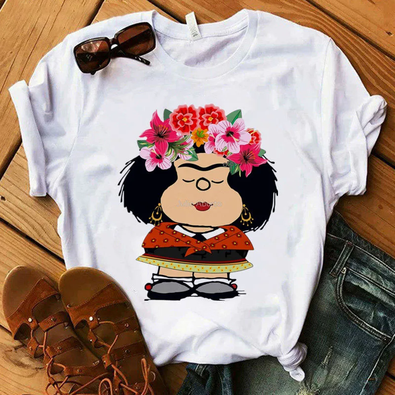 Mafalda T-shirt Moterims, Vasaros harajuku atsitiktiniai trumpomis rankovėmis marškinėliai Streetwear O Kaklas Baltas Viršūnes Trišakis 90-ųjų animacinių filmų marškinėlius Femme