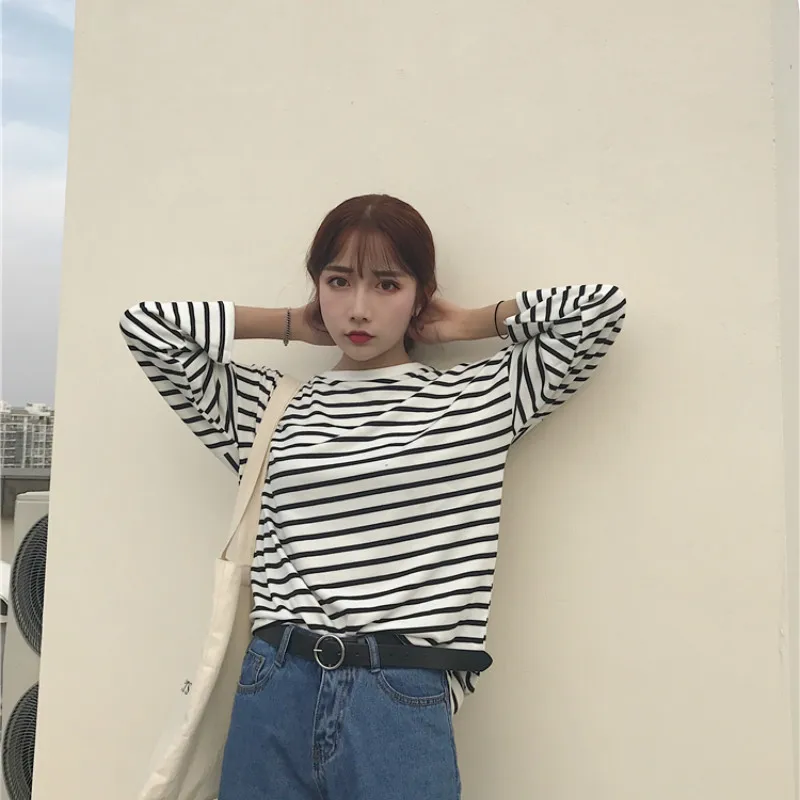 Marškinėliai Moterims, Dryžuotas Patogus Karšto Pardavimo Long Sleeve T Marškinėliai Moteriški Korėjos Stiliaus Ulzzang Moterys Harajuku Drabužius Atsitiktinis Viršūnės