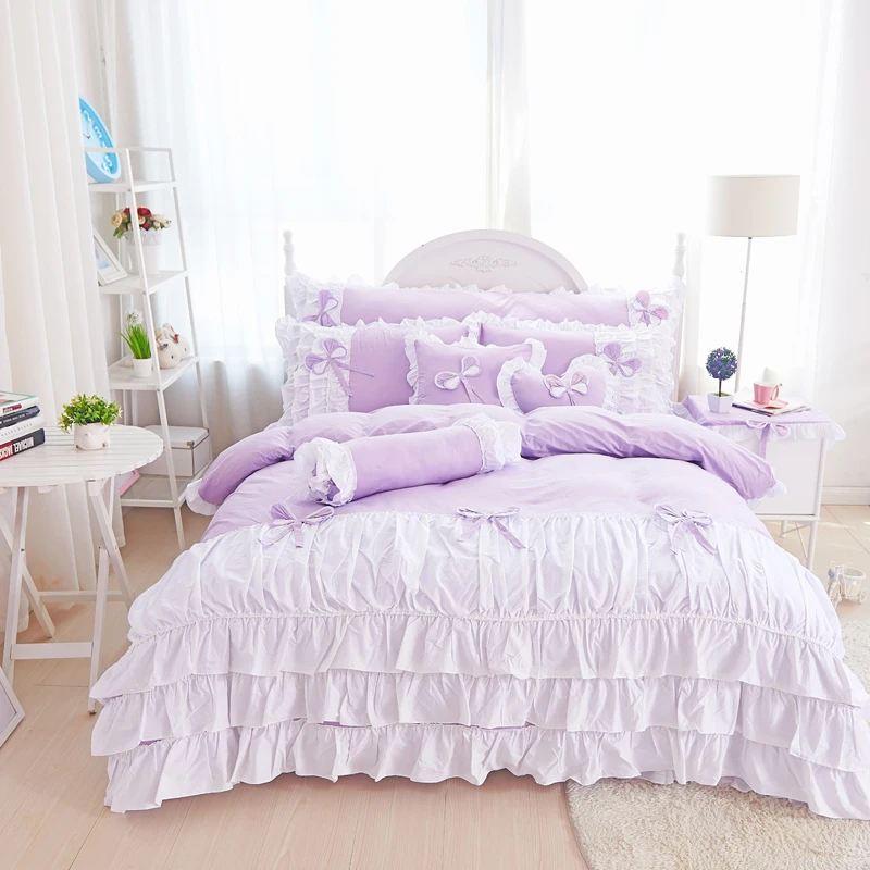 Medvilnė, rožinė, violetinė karalius ir karalienė, dvyniai, vieno Dvigubo dydžio mergaičių patalynės komplektas raukiniai korėjos lova nustatyti drobulė nustatyti antklode padengti