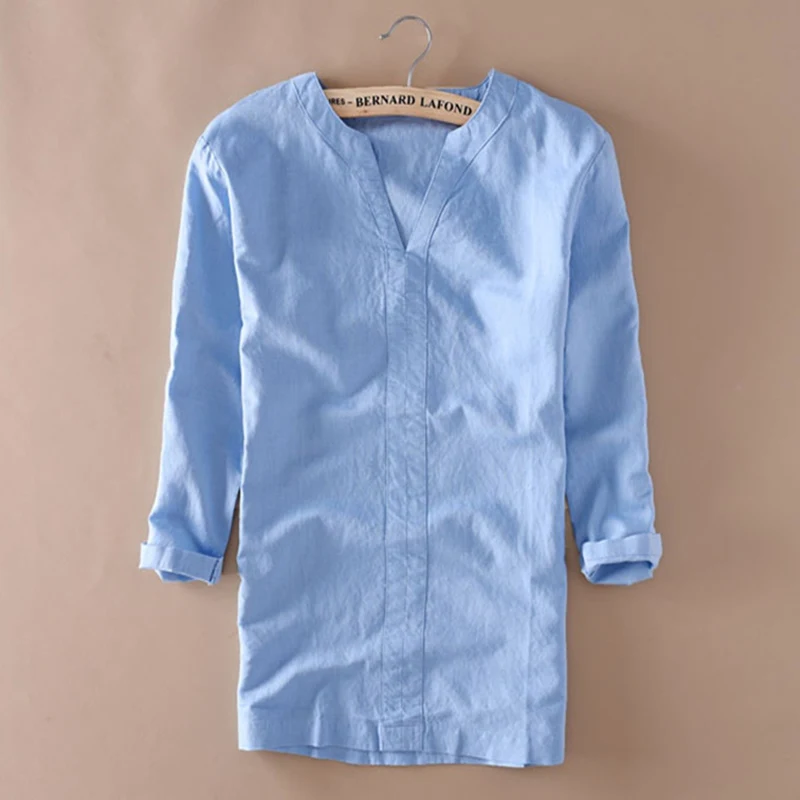 Mens V-Kaklo Trys Ketvirtį Rankovės Lininius Marškinius Kinijos Vintage Stiliaus Mens Rankovėmis Marškinėliai Kieto Spalvų Vasarą Baltu Paplūdimio Drabužiai