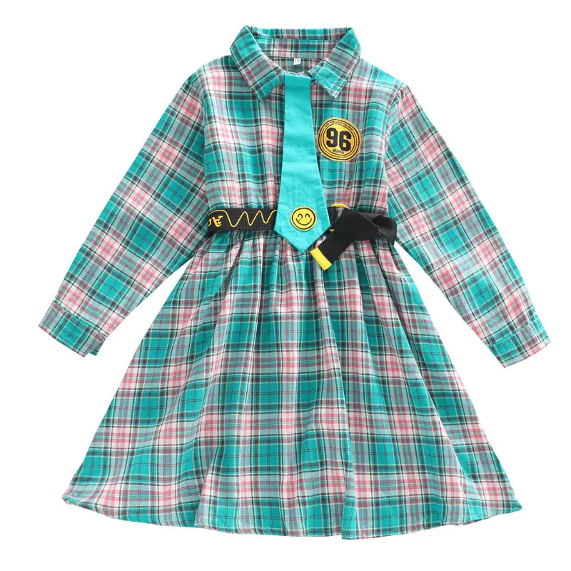 Mergina, Rudens Dress Ilgomis Rankovėmis Vaikų Drabužių Pledas Necktie Suknelės 4 8 10 12 Metų Mergaitė Kūdikių Mėlyna Mokyklos Stiliaus Korėjos Suknelė