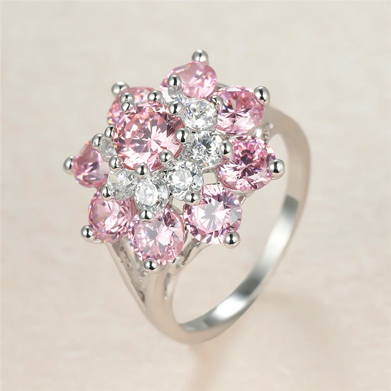 Mielas Moteriška Rožinė Kristalų Akmens Žiedas, Žavesio Sidabro Spalvos Didelis Vestuvinių Žiedų Moterims Žada Gėlių Cirkonis Vestuvinis Žiedas