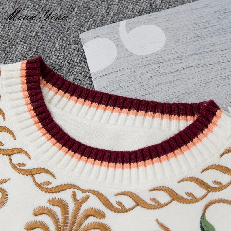 MoaaYina Mados Dizaineris Mezgimo Megztinių Megztinis Rudenį Moterys ilgomis rankovėmis Gėlių Siuvinėjimas Išlaikyti šiltas Mezgimo Megztinis