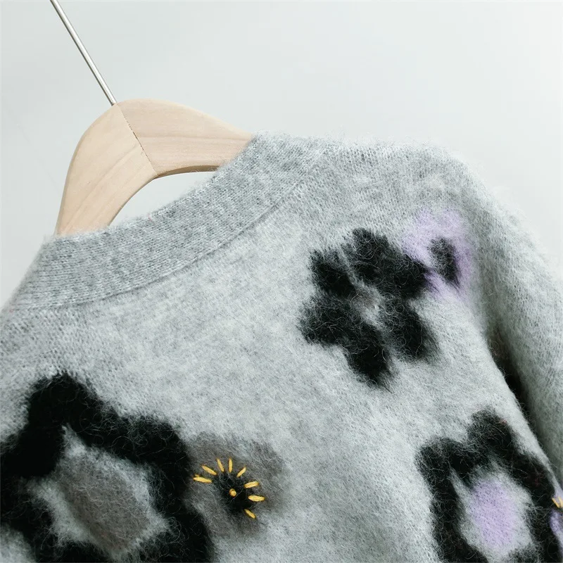 Moherio Prekės ženklo mados moterų high-end luxury žiemos moheros žakardo V-kaklas vidutinio ilgio megzti megztinis moterims, laisvas megztinis