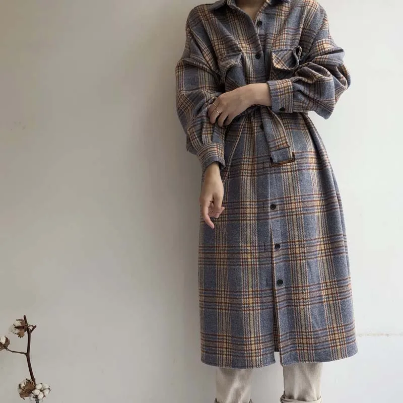 Moteris Rudens-Žiemos Ilgas Vilnonis Pledas Marškiniai, Švarkas ilgomis Rankovėmis plius dydis Tvarstis Elegantiškas Paltas Outwear vintage Suknelė Kailis