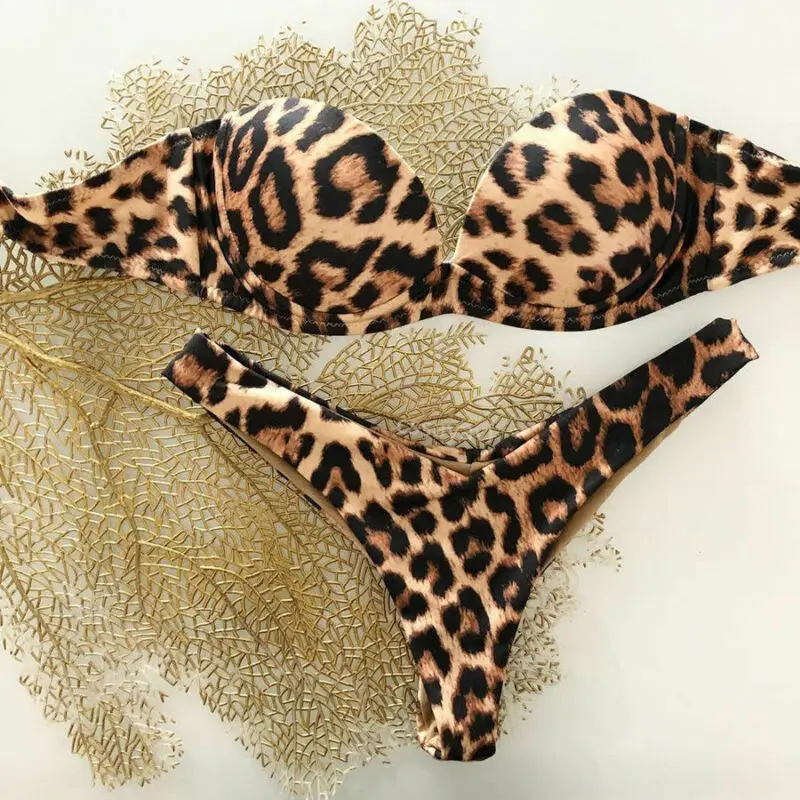 Moteris, dviejų dalių maudymosi kostiumėlį, Leopardas aukštas juosmuo Paminkštintas Bikini Liemenėlė Nustatyti maudymosi kostiumėlį Tvarstis, Push-up maudymosi Kostiumėliai, Mados dizainas biquini