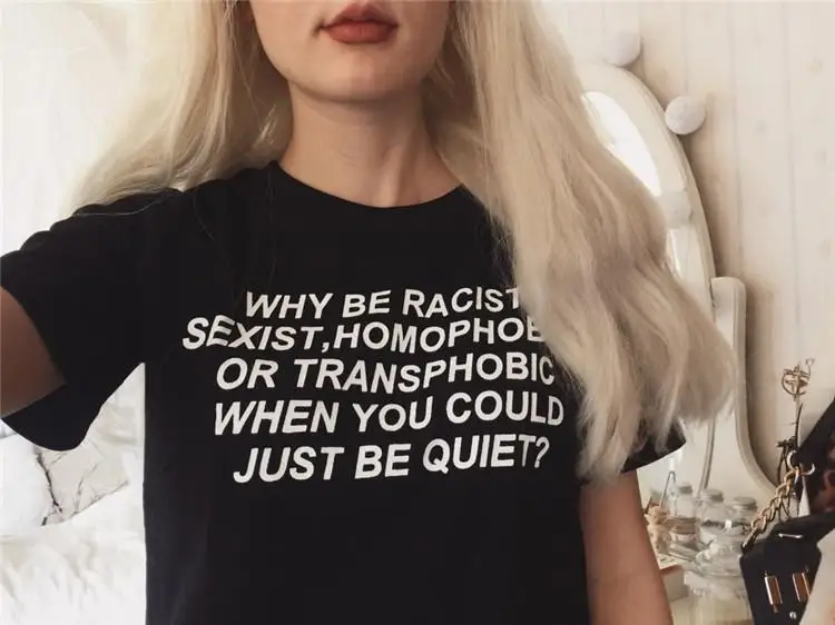 Moteris trumpomis Rankovėmis Atspausdintas Laiškas T Marškinėliai Atsitiktinis vatos Pagaliukai, Kodėl būti Rasistinis, Kai Jums Gali Tiesiog būti Ramiai Harajuku T-Shirts